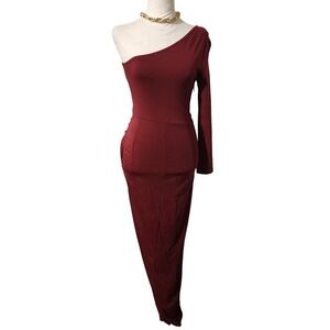 Sarin Mathews Burgundy One Shoulder Ruched Maxi Dress Small Long Sleeve Wine Red